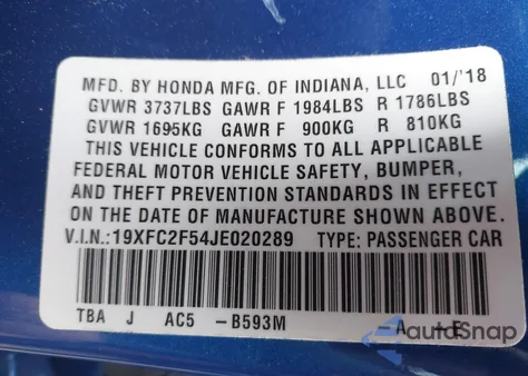 2018 Honda Civic Lx from USA, damaged, VIN 19XFC2F54JE020289